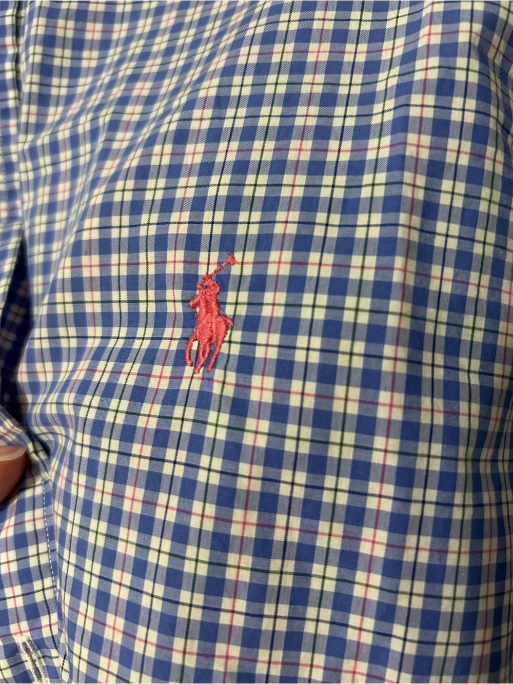 Ralph Lauren Blue Plaid Button-Down Ruffle Neck Shirt with Pink Logo - Picture 3 of 5